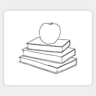 Apple on Book Stack - Red Apple & Black Books Line Art Magnet